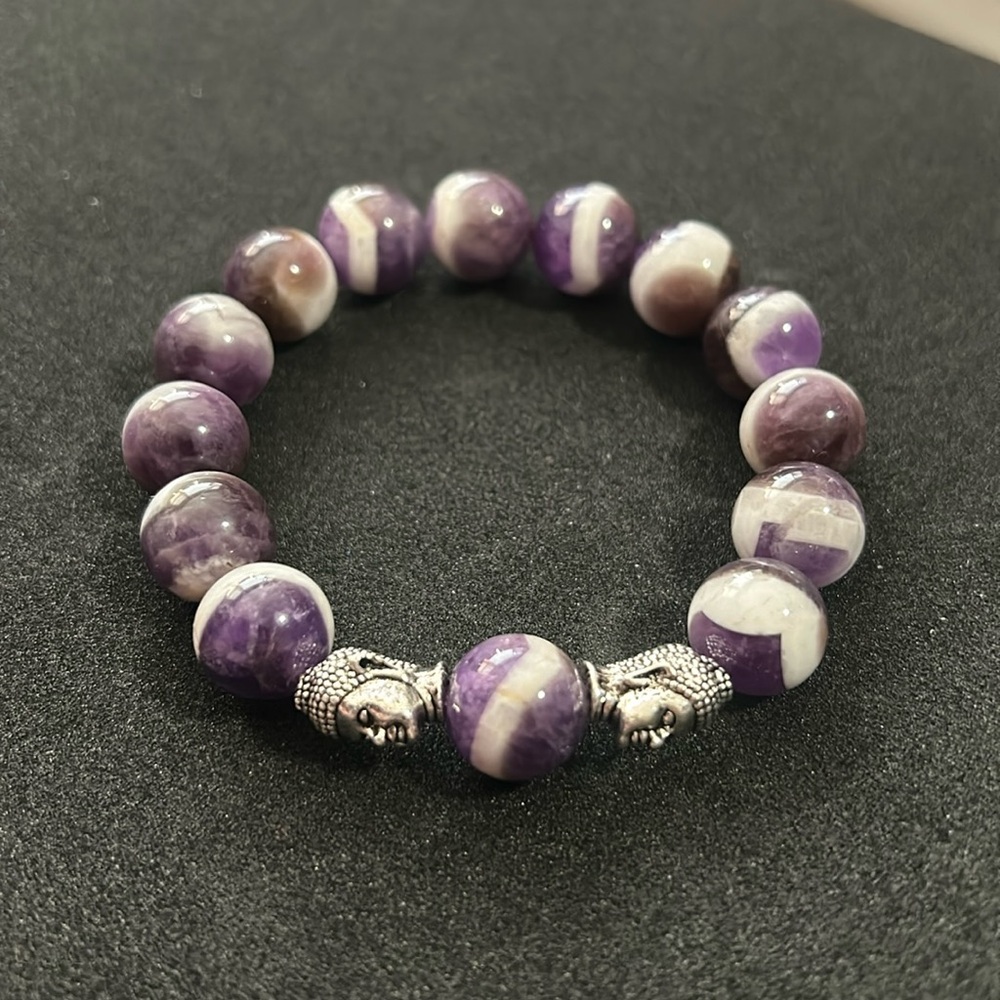 Hand crafted purple/white chevron amethyst bracelet with Buddhas